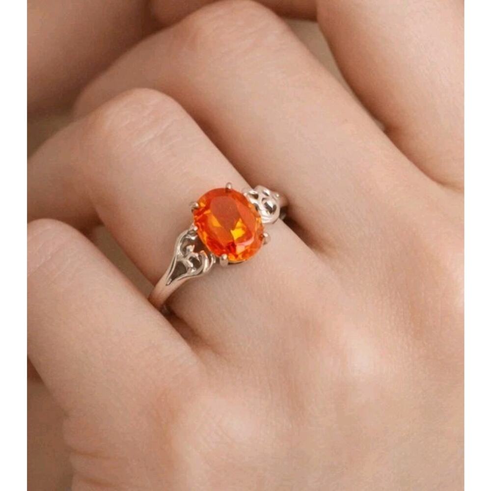 Vintage‎ Faceted Orange Glass & Silver-tone Fashion Ring- Size 7- Detailed r-97